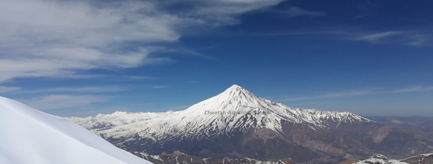 A brilliant view of Damavand (5610m) from the top of Doberar Peak (4250m) Mount Damavand Elevation height relative