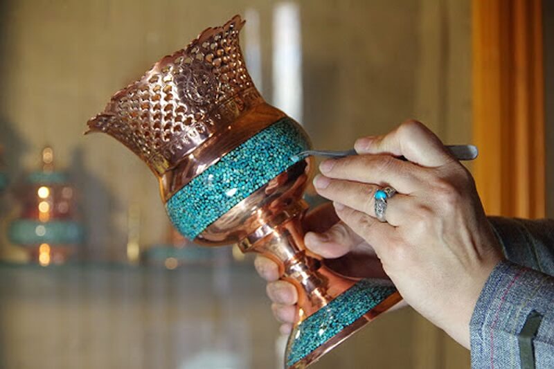 Firoozeh Koobi (Turquoise Inlaying) of Neyshabur Top Ten Iranian Souvenirs visit iran cultural tour package travel to iran Cheetah adventures